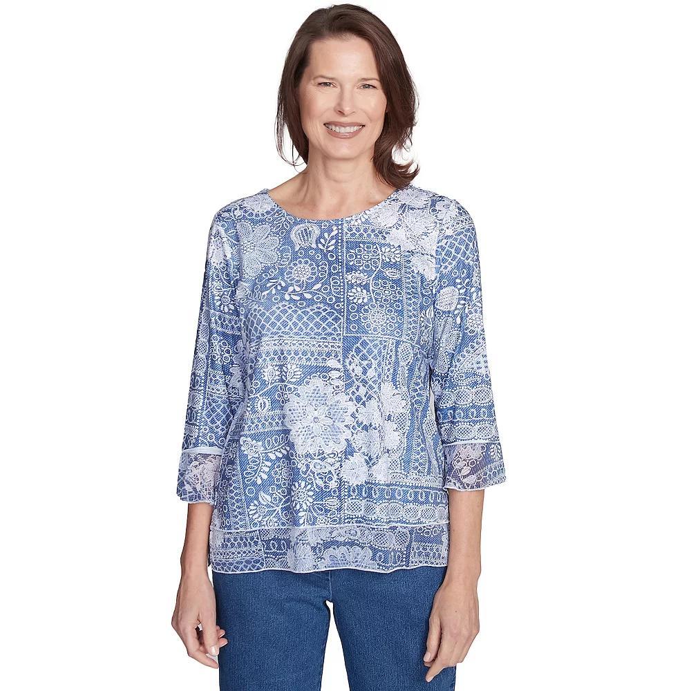 Women's Alfred Dunner Lacey Floral Patchwork Top, Size: Large, Blue Product Image