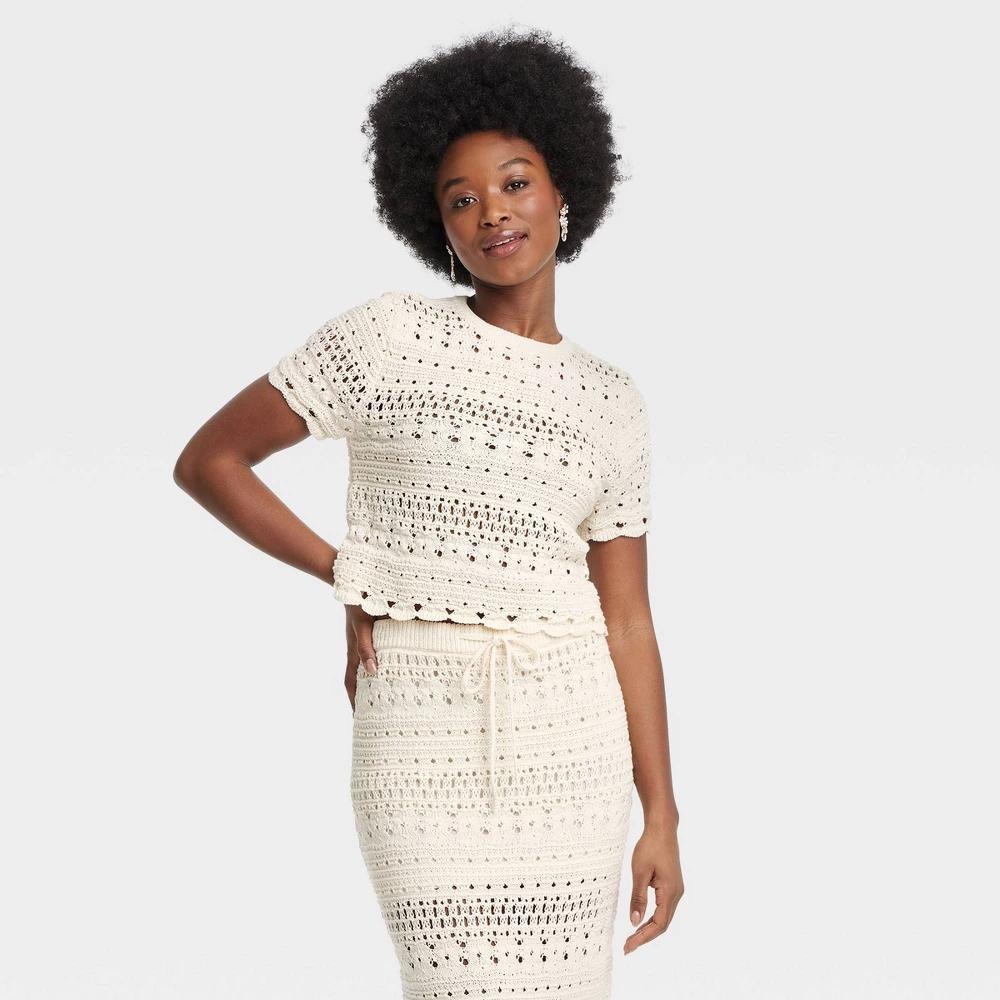 Womens Openwork Crew Neck Pullover Sweater - Universal Thread Cream XS: Textured Stitching Product Image