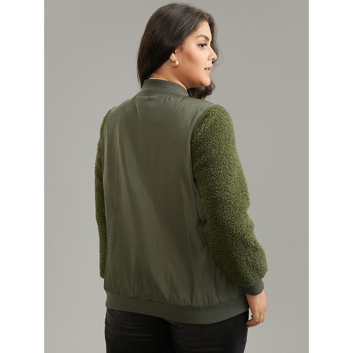 Plus Size Plain Fuzzy Patchwork Zipper Flap Pocket Jacket Women ArmyGreen Rib Knit Pocket Dailywear Jackets BloomChic 26/4X Product Image