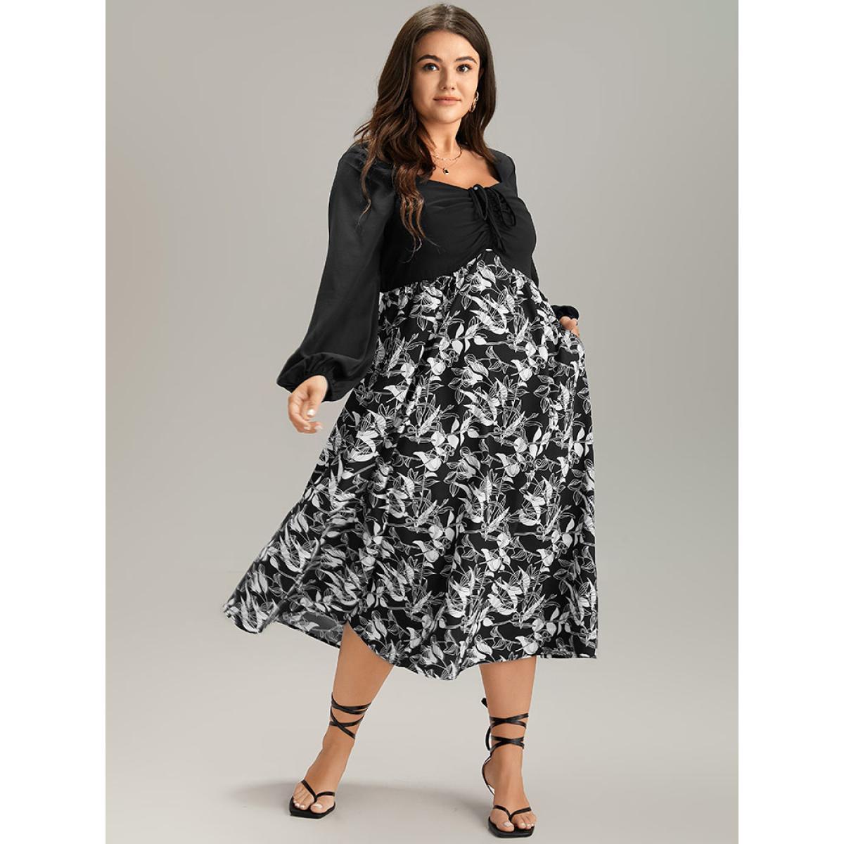 Plus Size Floral Print Ruched Bowknot Patchwork Dress Black Women Elegant Elastic cuffs Square Neck Long Sleeve Curvy Midi Dress BloomChic 14-16/1X Product Image