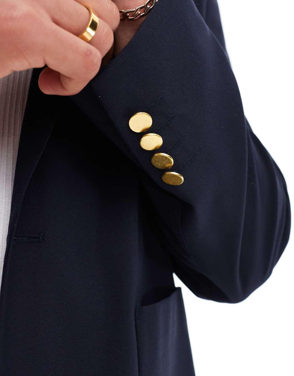 ASOS DESIGN skinny gold button blazer in navy Product Image