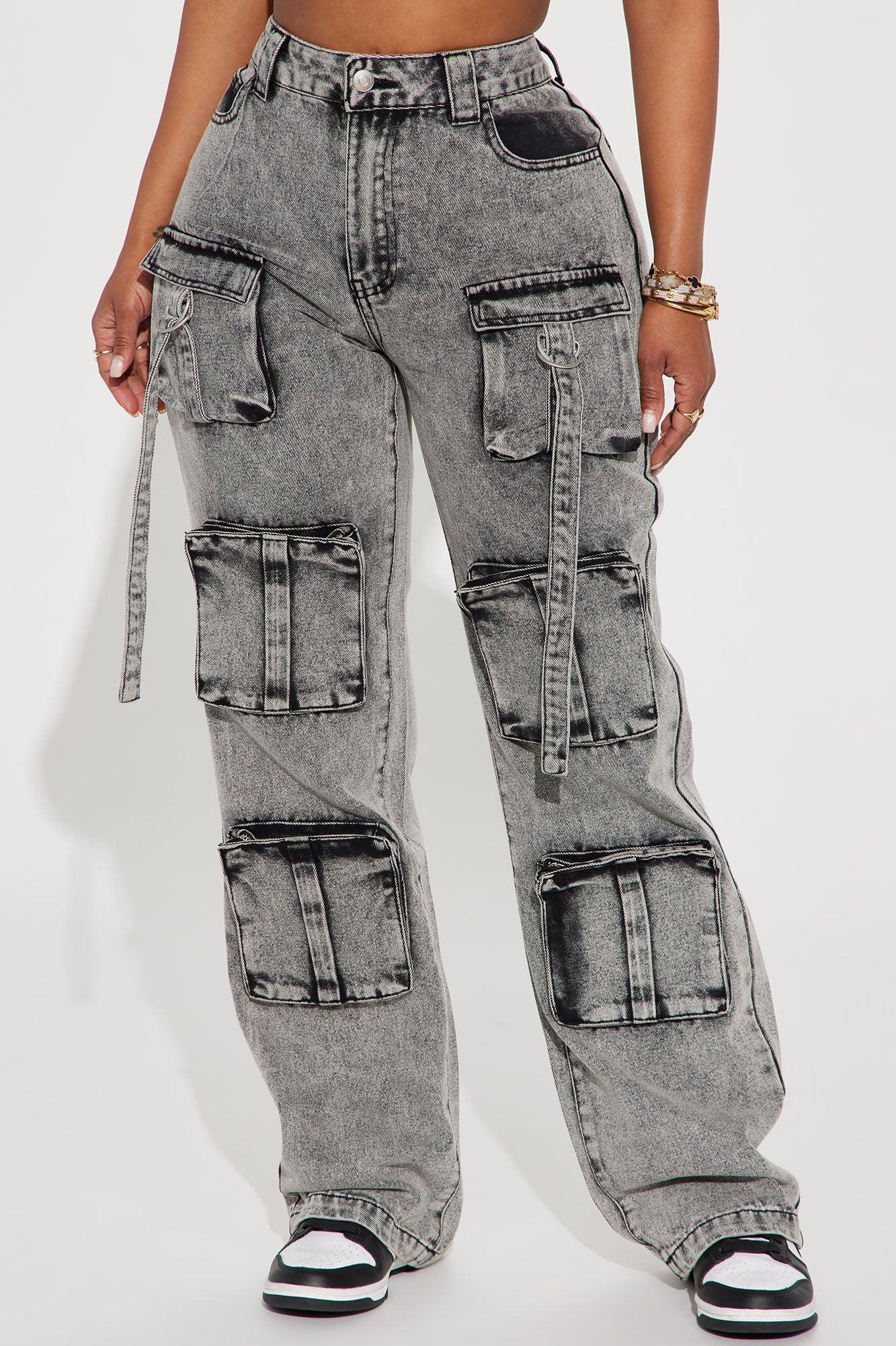 Somehow Somewhere Non Stretch Cargo Straight Leg Jeans - Acid Wash Grey Product Image