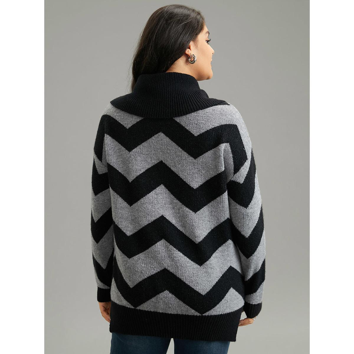 Plus Size Geo Striped Turtle Neck Drop Shoulder Pullover Black Women Casual Loose Long Sleeve Turtleneck Dailywear Pullovers BloomChic 22-24/3X Product Image