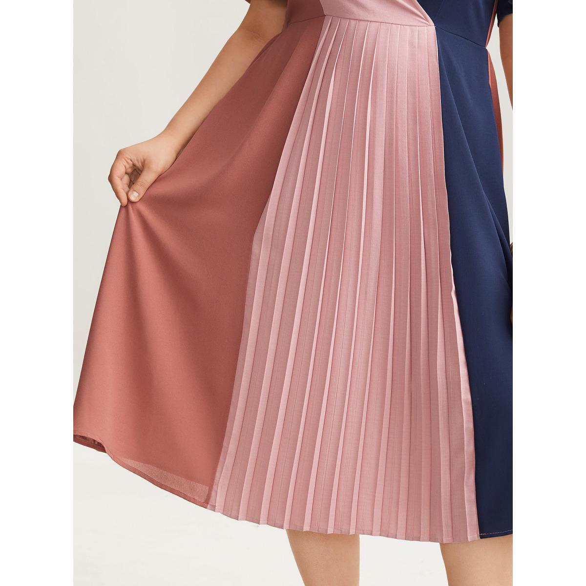 Plus Size Color Block Pleated Waist-Cinched Midi Dress Multicolor Women At the Office Contrast Overlap Collar Short sleeve Curvy BloomChic 26/4X Product Image