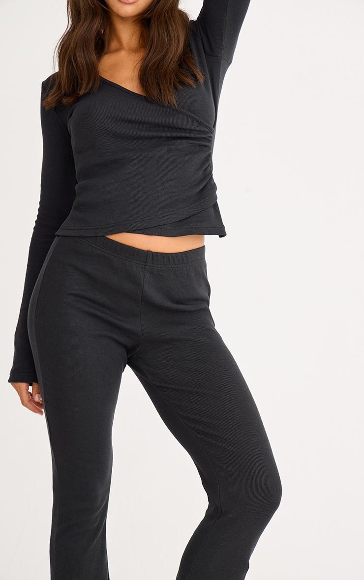 Black Ribbed Elasticated Skinny Flare Pants Product Image