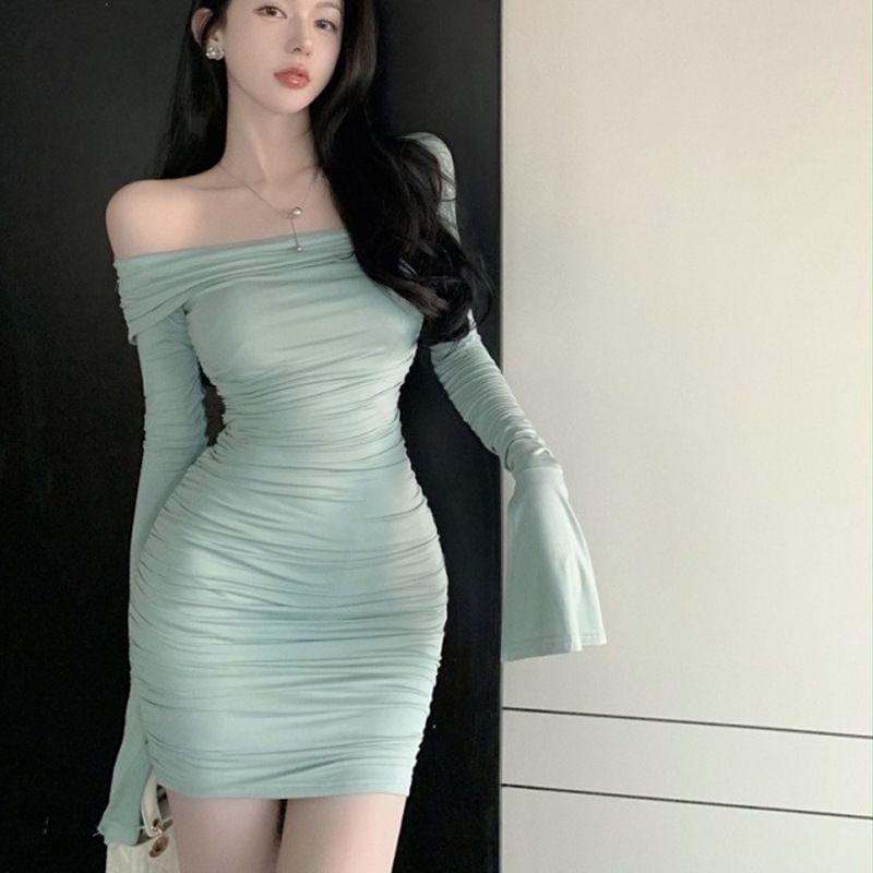 Bell Sleeve Off Shoulder Plain Ruched Mini Sheath Dress Product Image