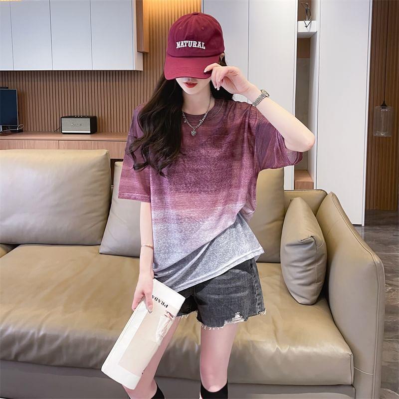 Elbow-Sleeve Round Neck Striped Tee Product Image