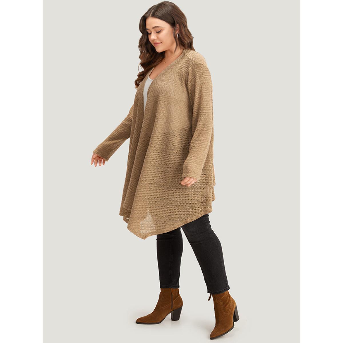 Plus Size Plain Texture Asymmetrical Hem Drape Kimono Women Tan Casual Drape Everyday Kimonos BloomChic 26/4X Product Image