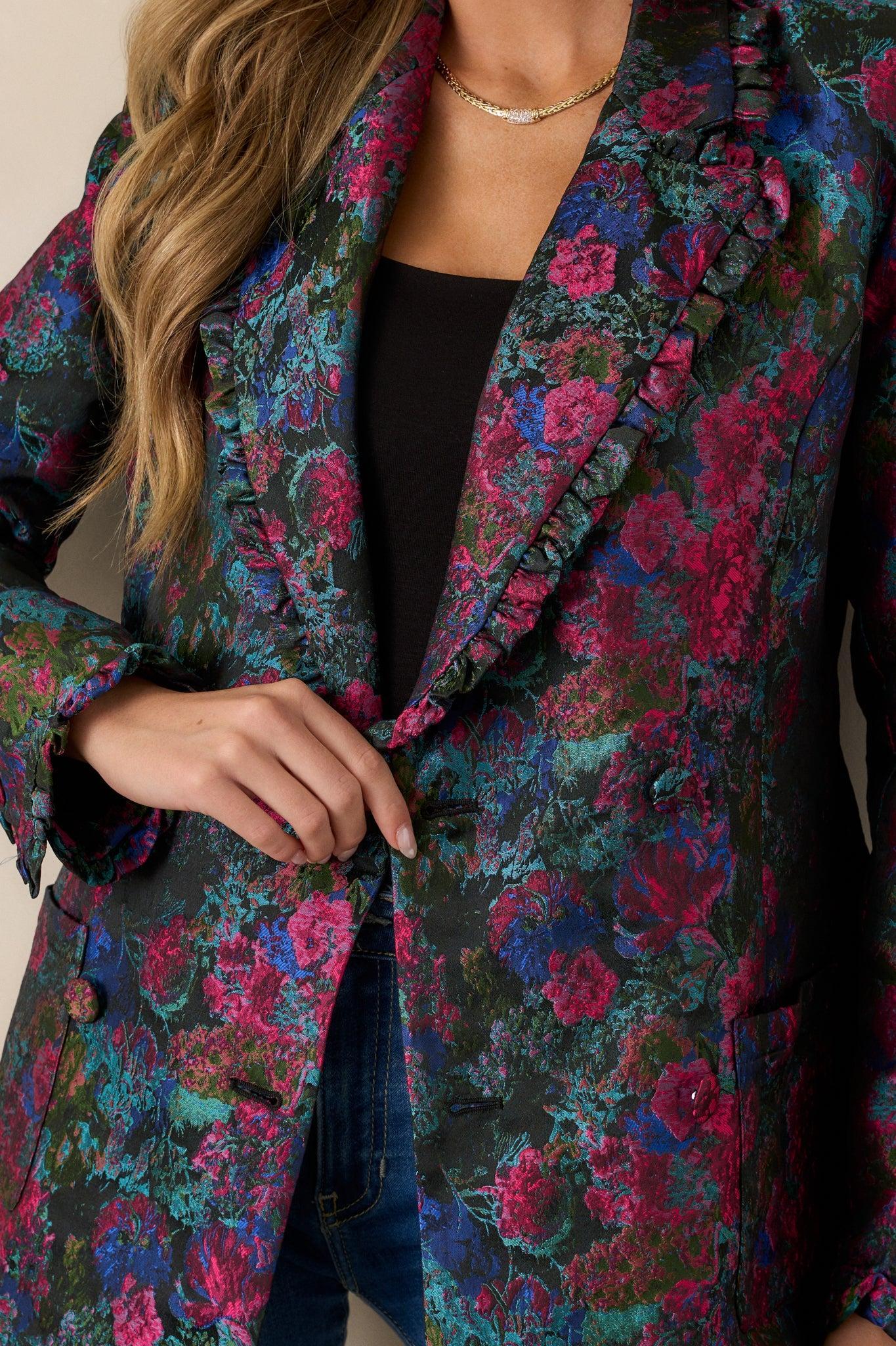 Feel The Vibe Navy Floral Jacquard Blazer Product Image