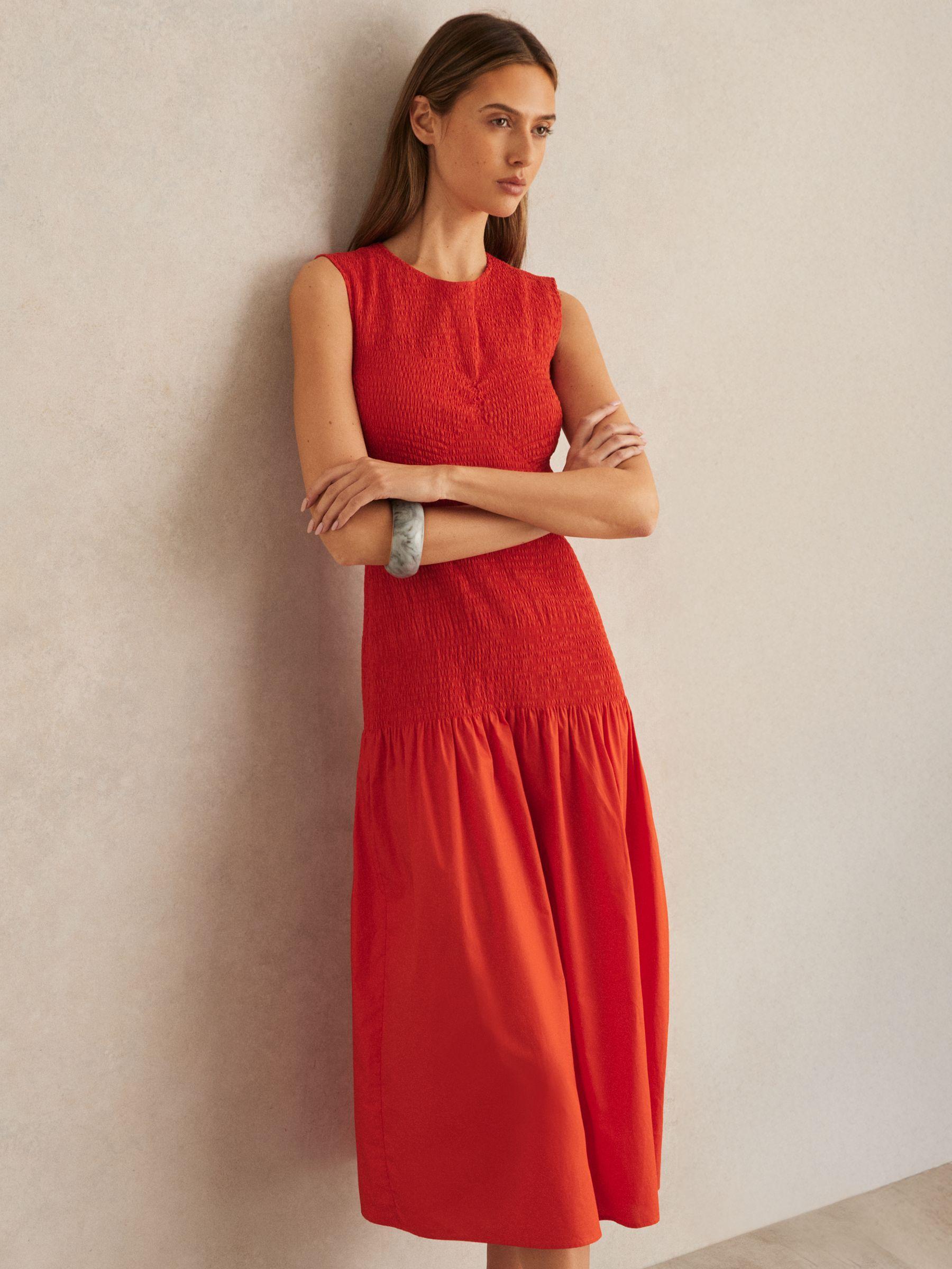 Cotton Shirred Midi Dress in Red Product Image