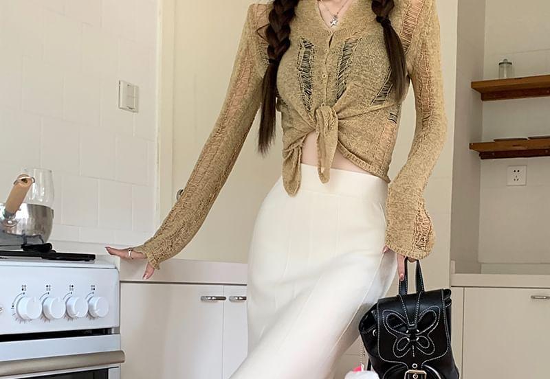 High Rise Plain Midi Mermaid Knit Skirt Product Image
