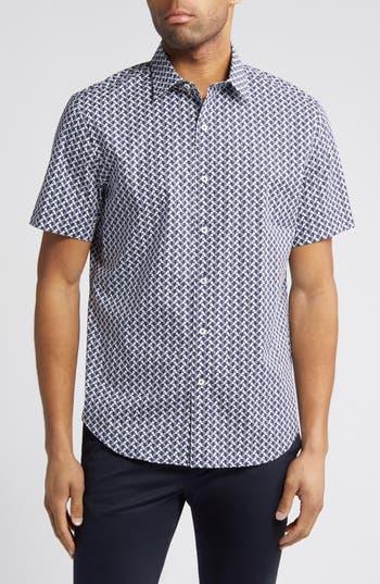 BUGATCHI Orson Seahorse Print Short Sleeve Stretch Cotton Button-up Shirt In Navy Product Image