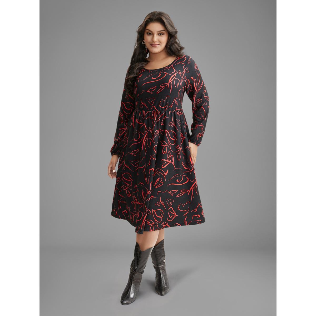 Plus Size Floral Knit Round Neck Midi Dress BlackFlower Women Casual Non Party Curvy Bloomchic 26/4X Product Image