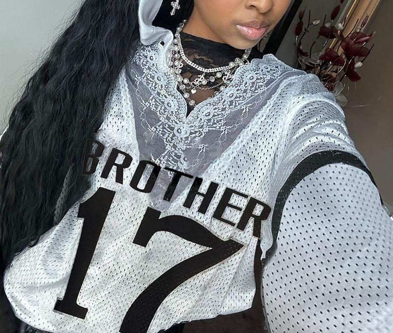 Long Sleeve V-Neck Lace Panel Numbering Print Loose-Fit Crop Sweatshirt Product Image