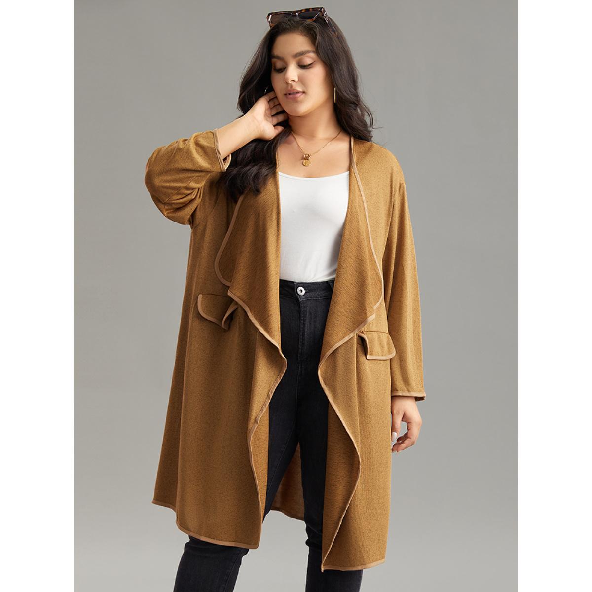 Plus Size Supersoft Essentials Asymmetrical Neck Plain Kimono Women Chocolate Casual Plain Pocket Dailywear Kimonos BloomChic 26/4X Product Image