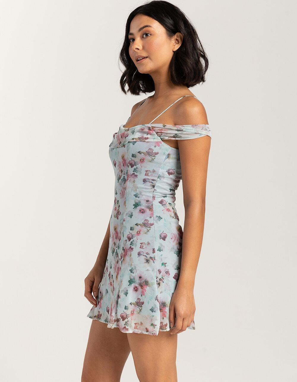RSQ Womens Off The Shoulder Mesh Empire Dress - BLUE COMBO Product Image