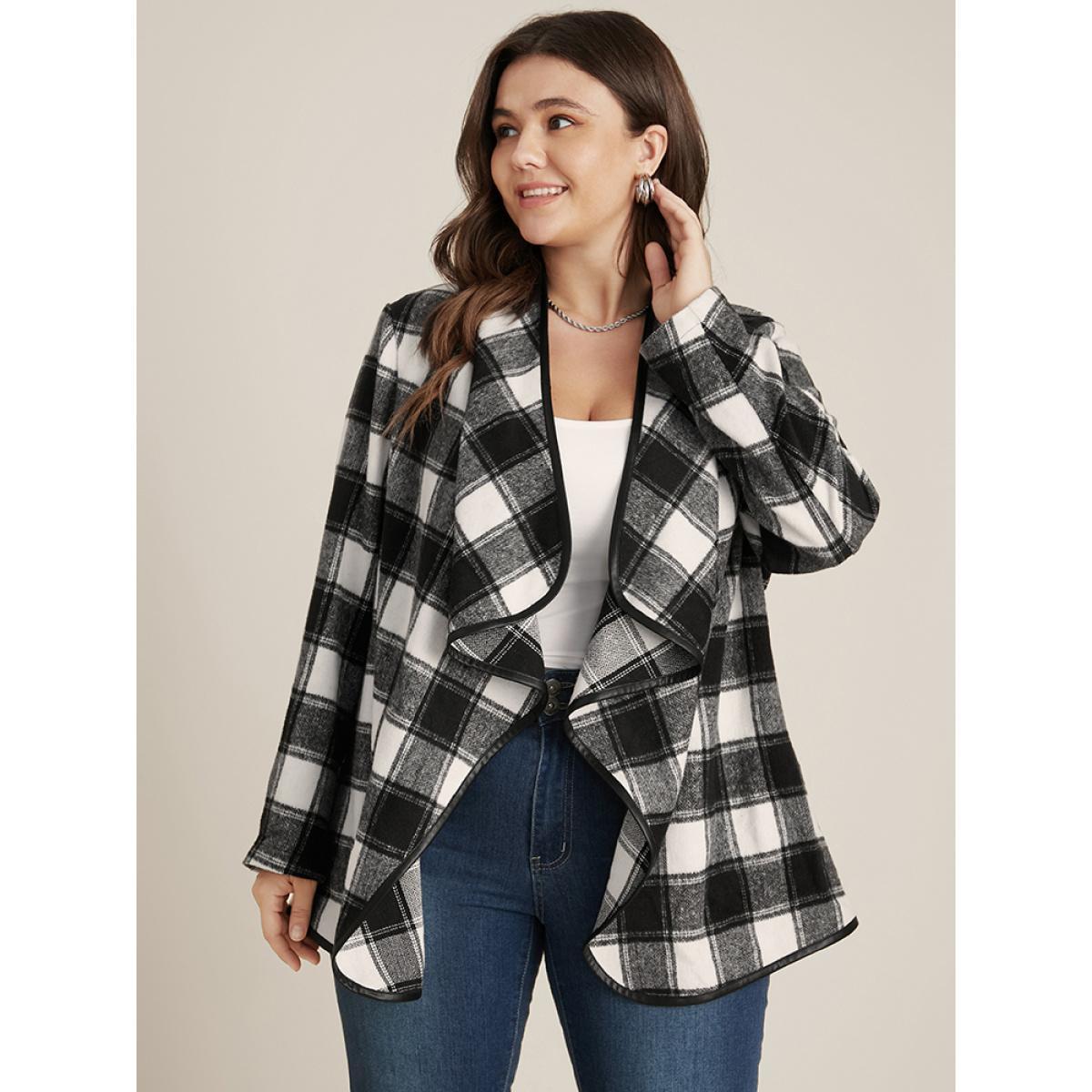 Plus Size Plaid Waterfall Collar Open Front Coat Women Black Elegant Asymmetrical Loose Ladies Dailywear Winter Coats BloomChic 30/6X Product Image