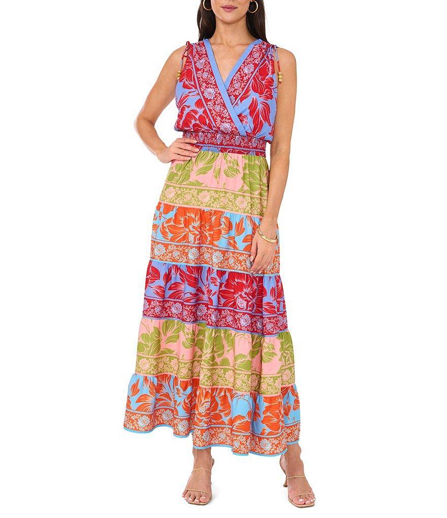 Vince Camuto Woven Printed Surplice V-Neck Tiered Blouson Maxi Dress Product Image