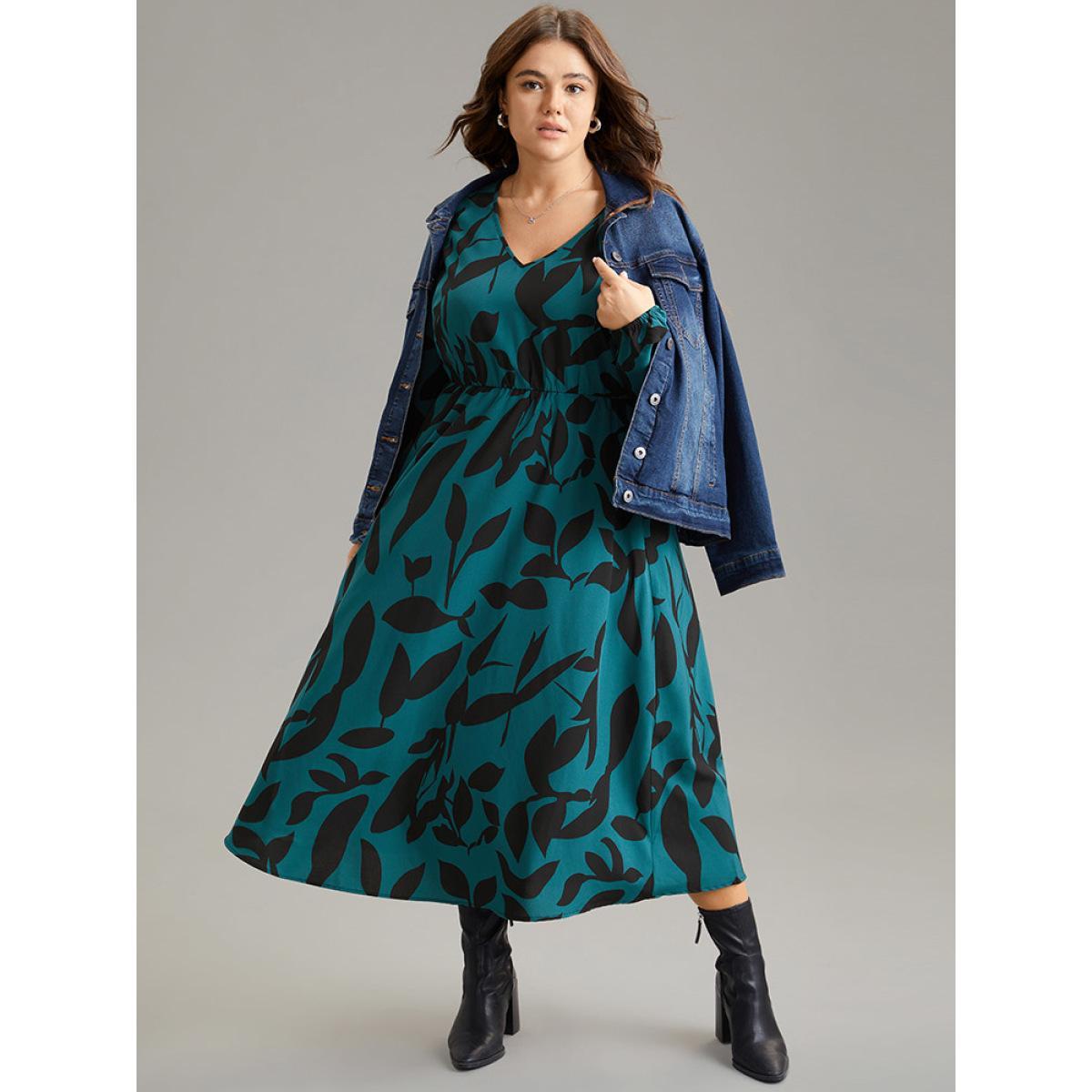 Plus Size Silhouette Floral Print Elastic Waist Lantern Sleeve Dress Aegean Women Elegant Elastic cuffs V-neck Long Sleeve Curvy Midi Dress BloomChic 30/6X Product Image
