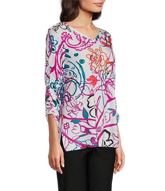 Ali Miles Abstract Floral V-Neck 3/4 Cinch Sleeve Tunic Product Image