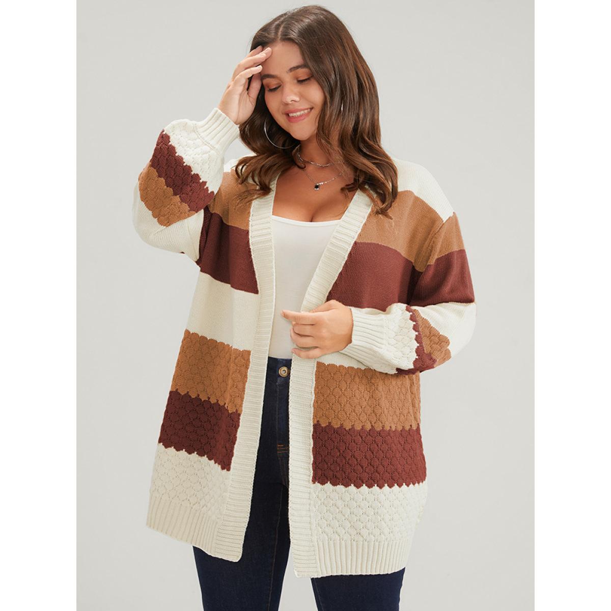 Plus Size Striped Colorblock Contrast Pointelle Knit Jacquard Open Front Cardigan Multicolor Women Casual Loose Long Sleeve Dailywear Cardigans BloomChic 10/M Product Image