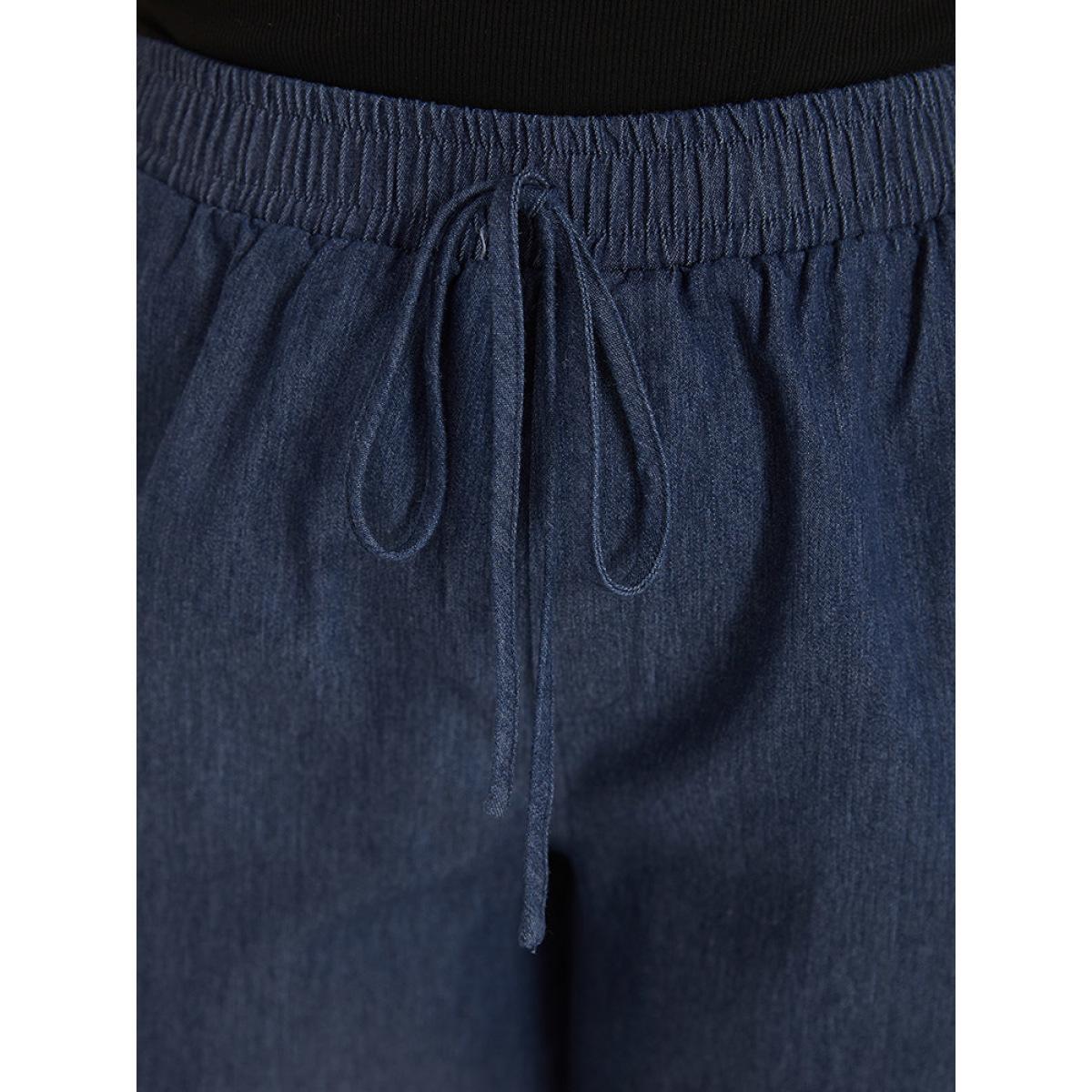 Plus Size Plain Ties Elastic Waist High Rise Shorts Women Indigo Casual Plain Dailywear Shorts BloomChic 22-24/3X Product Image