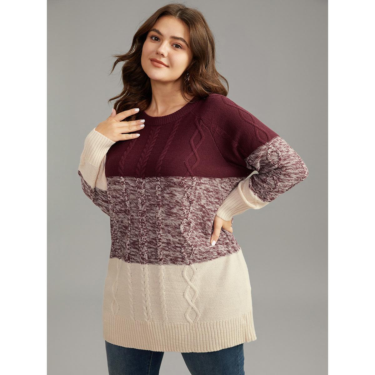 Plus Size Cable Knit Heather Colorblock Patchwork Pullover Burgundy Women Casual Loose Long Sleeve Round Neck Dailywear Pullovers BloomChic 28/5X Product Image
