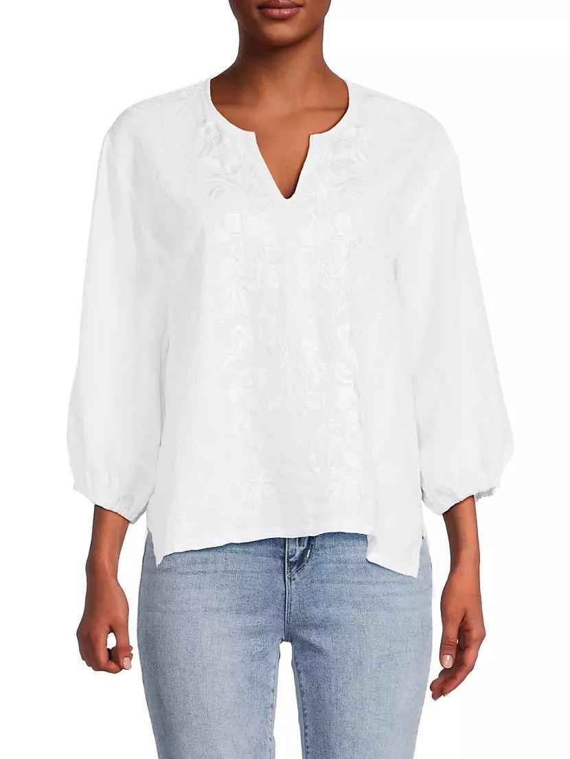 Camille Embroidered Linen Split-Neck Blouse Product Image