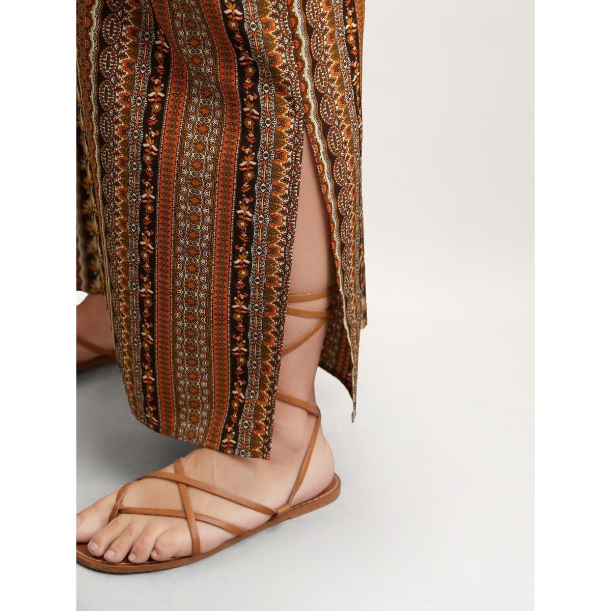 Plus Size DarkBrown Boho Stripes Belted Straight Leg Jumpsuit Women Resort Sleeveless V-neck Vacation Loose Jumpsuits BloomChic 22-24/3X Product Image