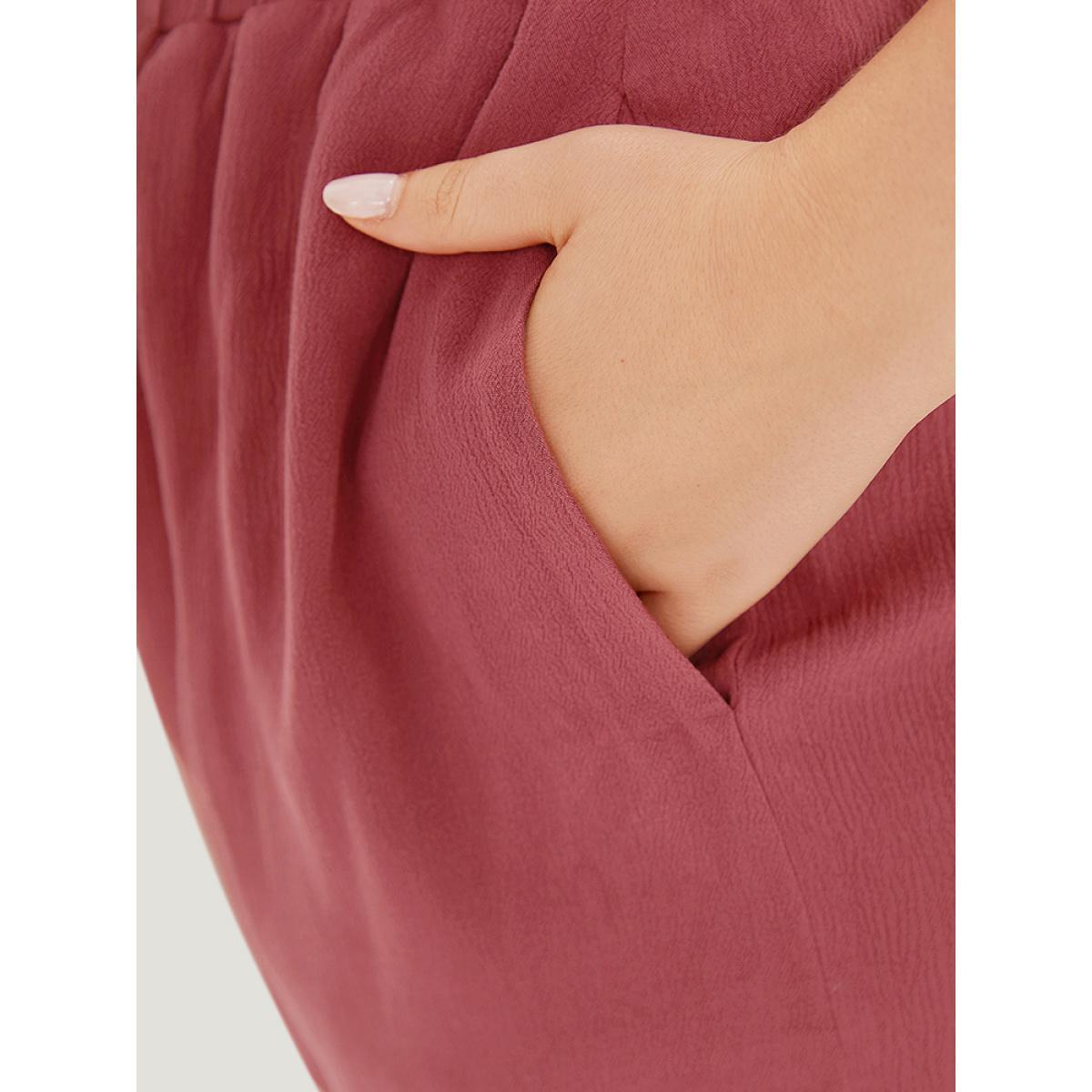 Plus Size Plain Textured Pocket Paperbag Waist Drawstring Split Side Shorts Women Russet Elegant Plain Dailywear Shorts BloomChic 12/L Product Image