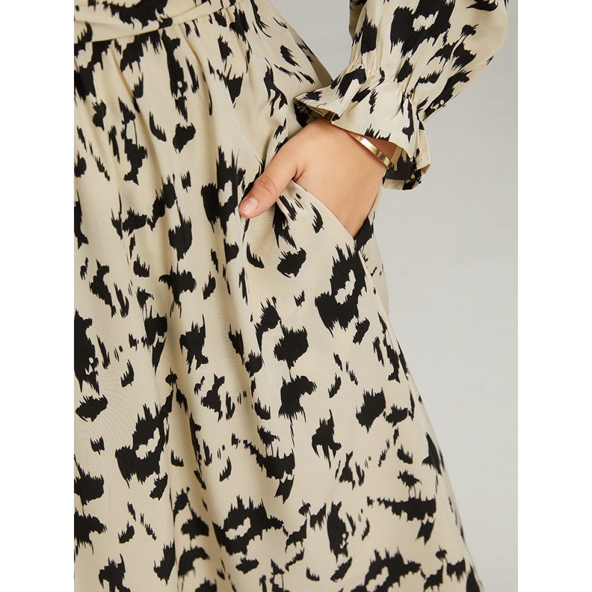 Plus Size Geometric Contrast Belted Elastic Cuffs Dress Apricot Women Elegant Elastic cuffs V-neck Long Sleeve Curvy Midi Dress BloomChic 14-16/1X Product Image