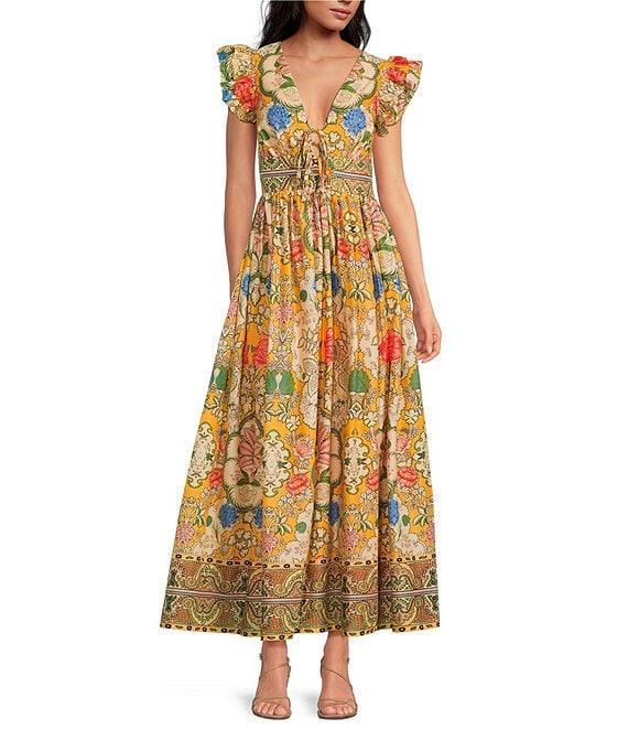 A Loves A Woven Floral Print Tie V-Neck Flutter Cap Sleeve A-Line Flounce Maxi Dress Product Image