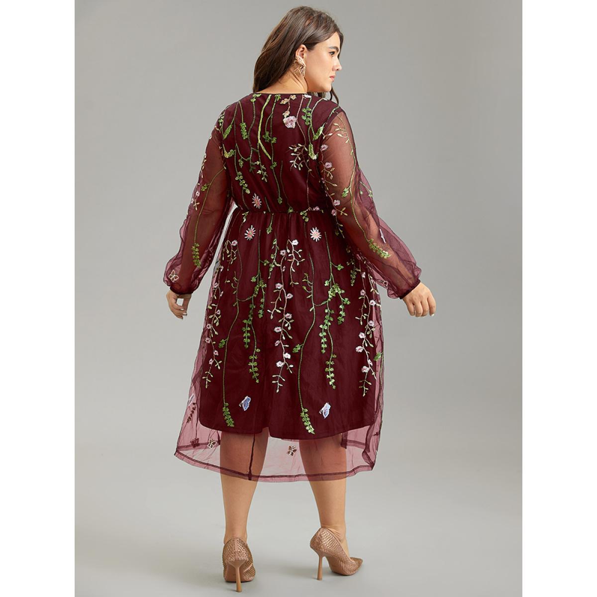 Plus Size Floral Embroidered Mesh Pocket Lantern Sleeve Dress Burgundy Women Cocktail Elastic cuffs Round Neck Long Sleeve Curvy Midi Dress BloomChic 28/5X Product Image