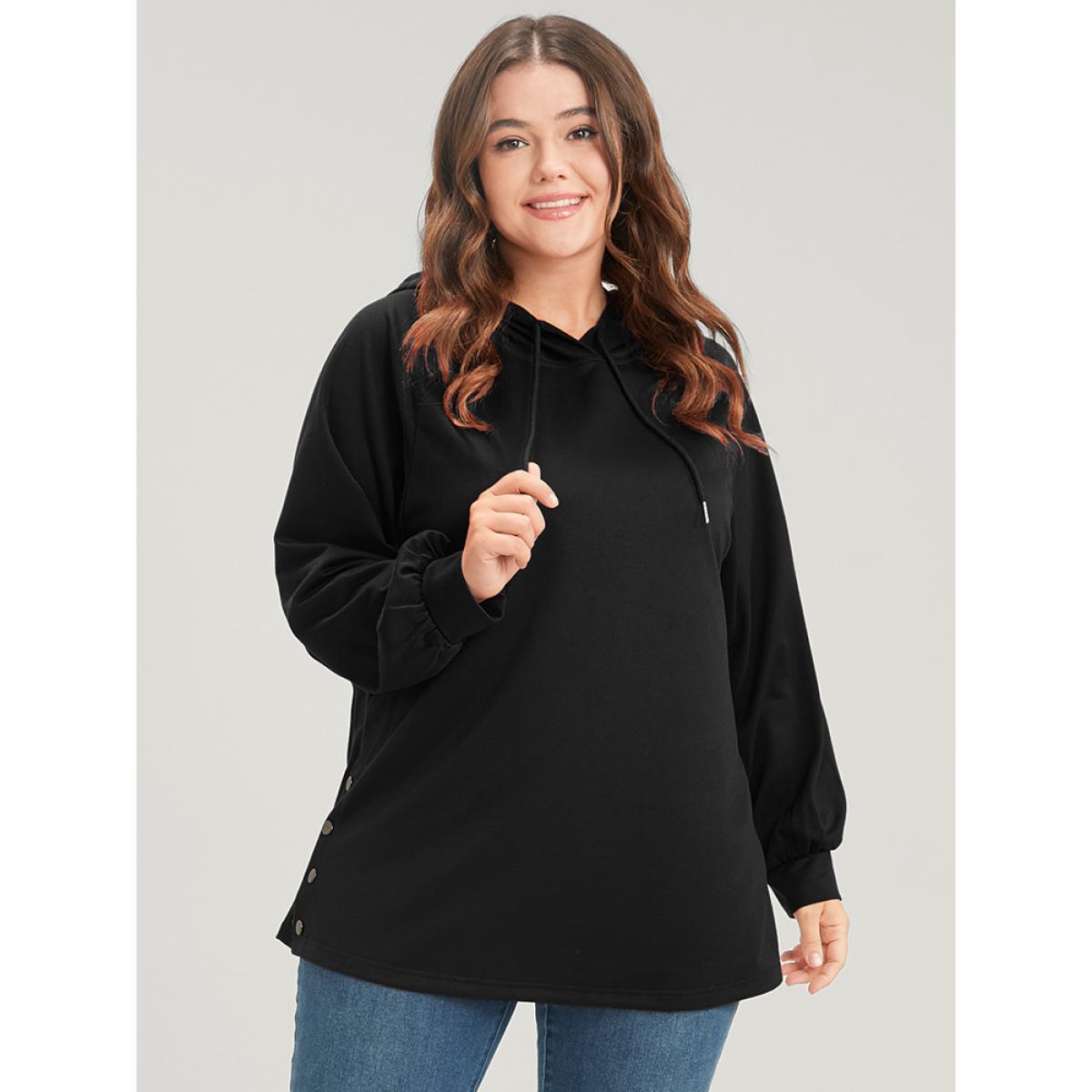 Plus Size Solid Button Side Drop Shoulder Hooded Sweatshirt Women Black Casual Button Hooded Dailywear Sweatshirts BloomChic 10/M Product Image