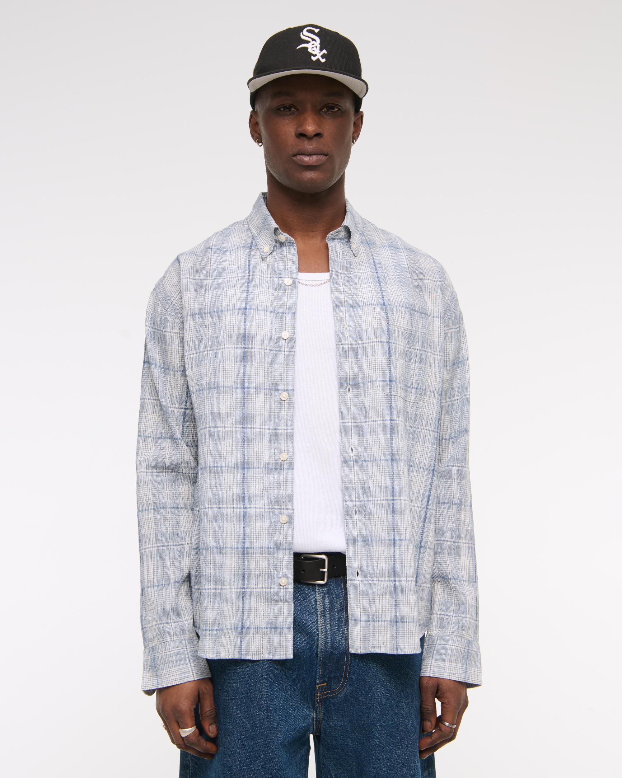 Long-Sleeve Textural Plaid Button-Up Shirt Product Image