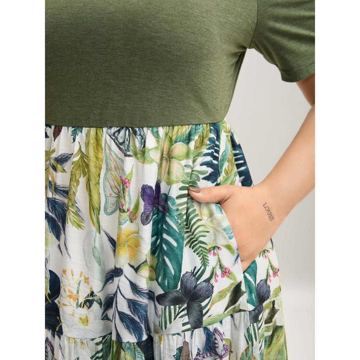 Plus Size Tropical Floral Print Spliced Maxi Dress Moss Women Round Neck Short sleeve Curvy BloomChic 26/4X Product Image