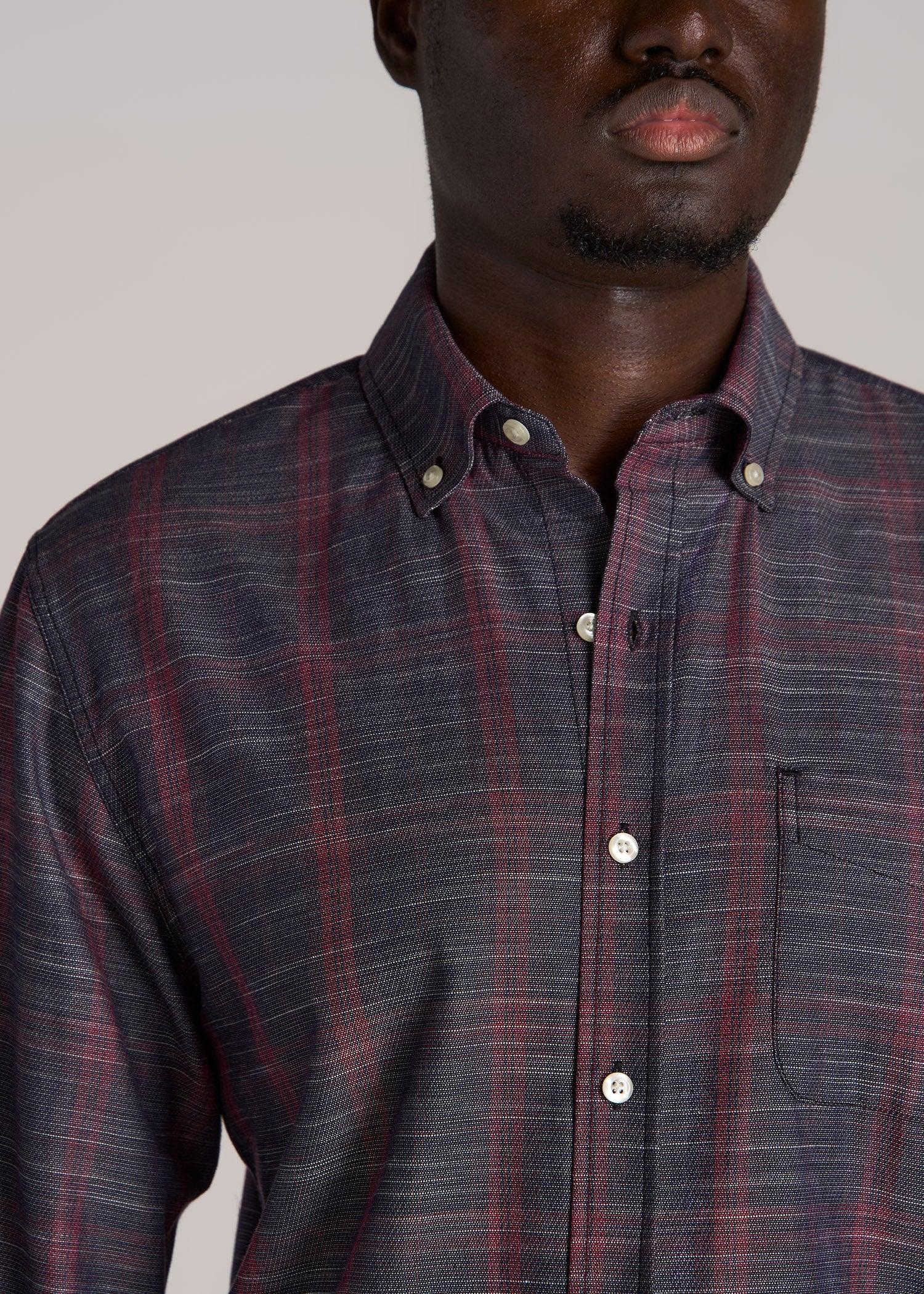Textured Weave Cotton Button-Up Shirt for Tall Men in Red Plaid Product Image