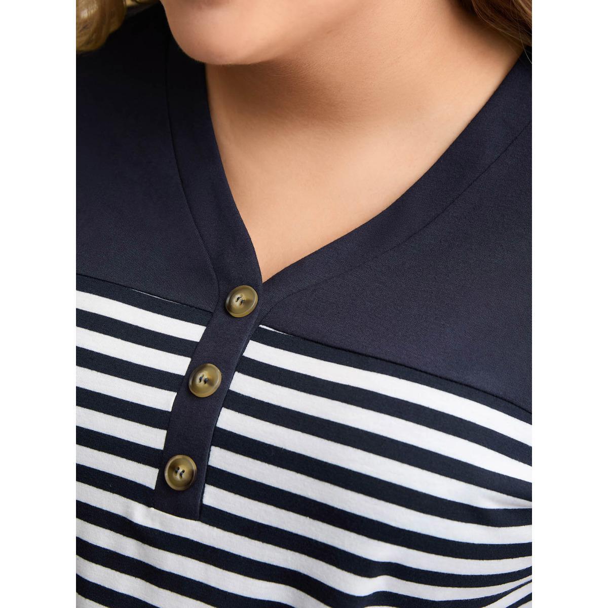 Plus Size Stretchy Striped Button Front T-Shirt Indigo Women Casual Contrast V-neck Everyday T-shirts BloomChic 12/L Product Image