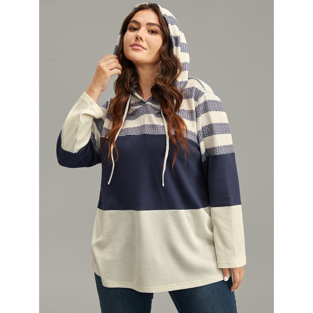 Plus Size Waffle Knit Striped Colorblock Hooded Sweatshirt Women Indigo Casual Contrast Hooded Dailywear Sweatshirts BloomChic 18-20/2X Product Image