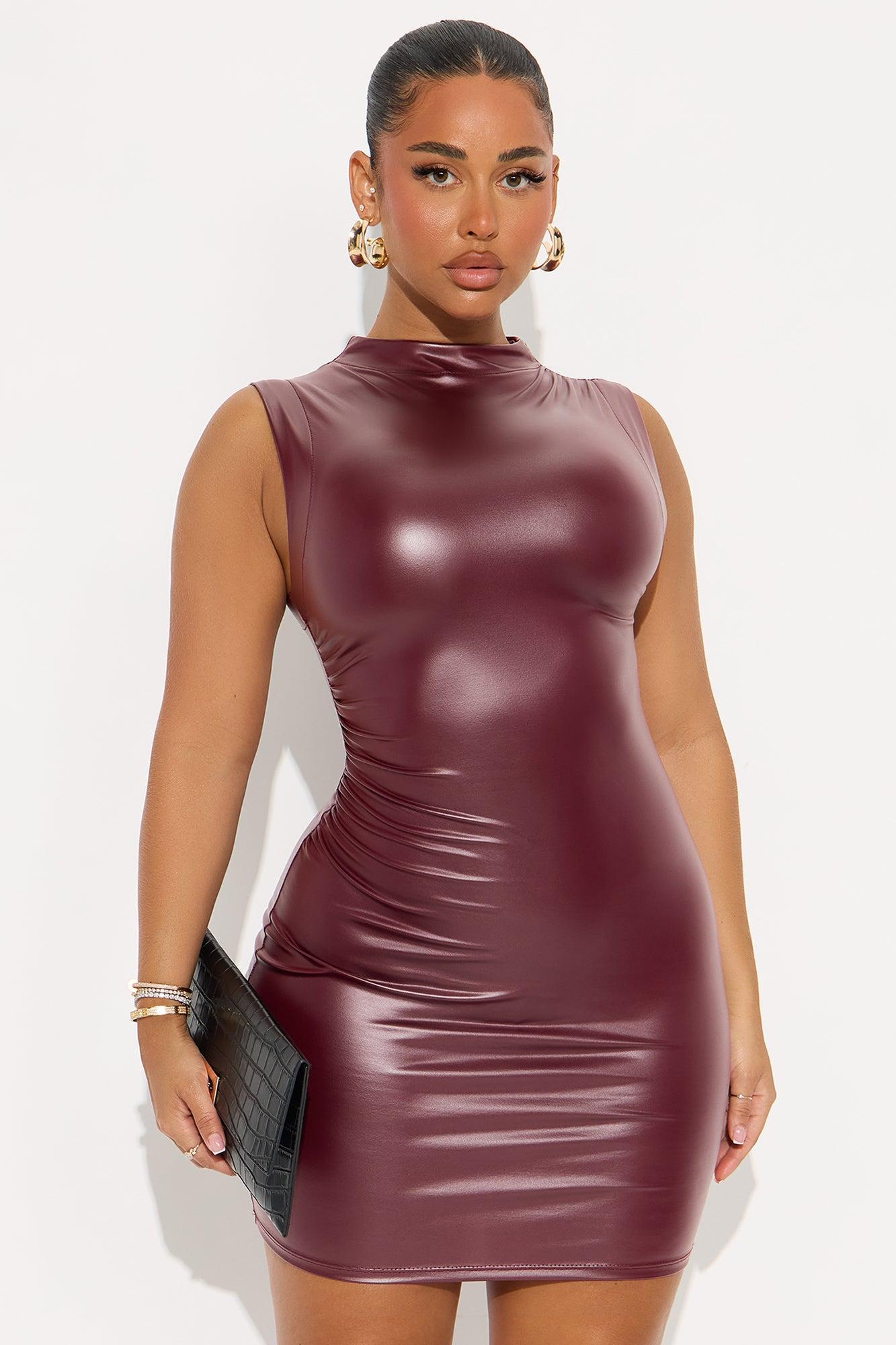 Ashley Ruched Faux Leather Mini Dress - Wine Product Image