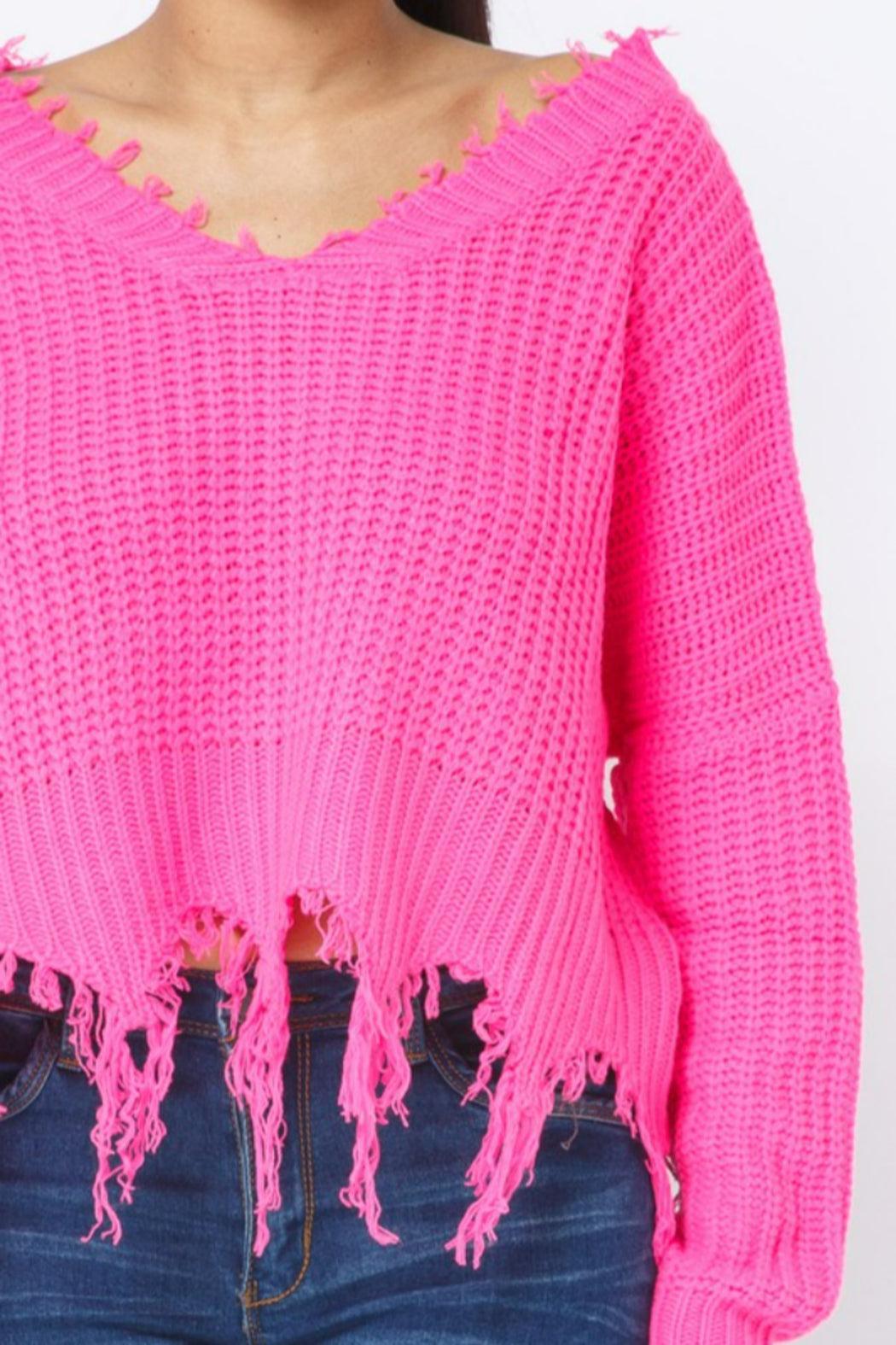 Solid Distressed V-Neck Sweater Product Image