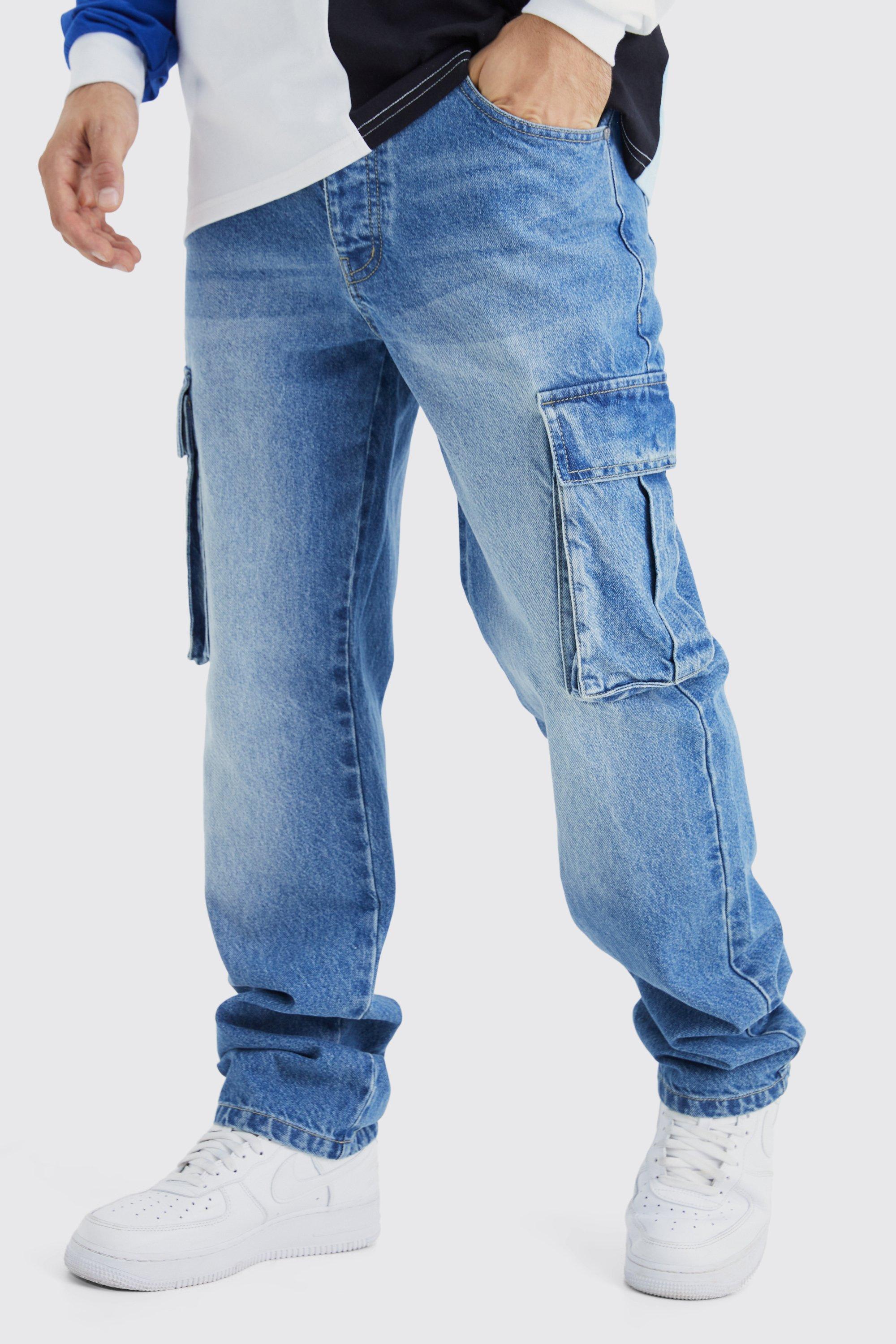 Mens Relaxed Rigid Cargo Jeans - Blue Product Image