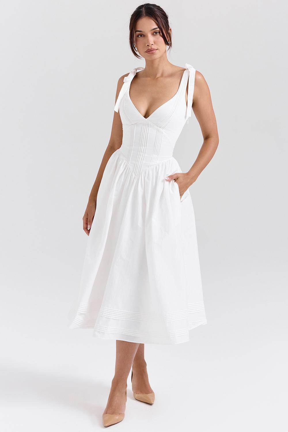 Hattie  white pin tuck cotton midi sundress Product Image
