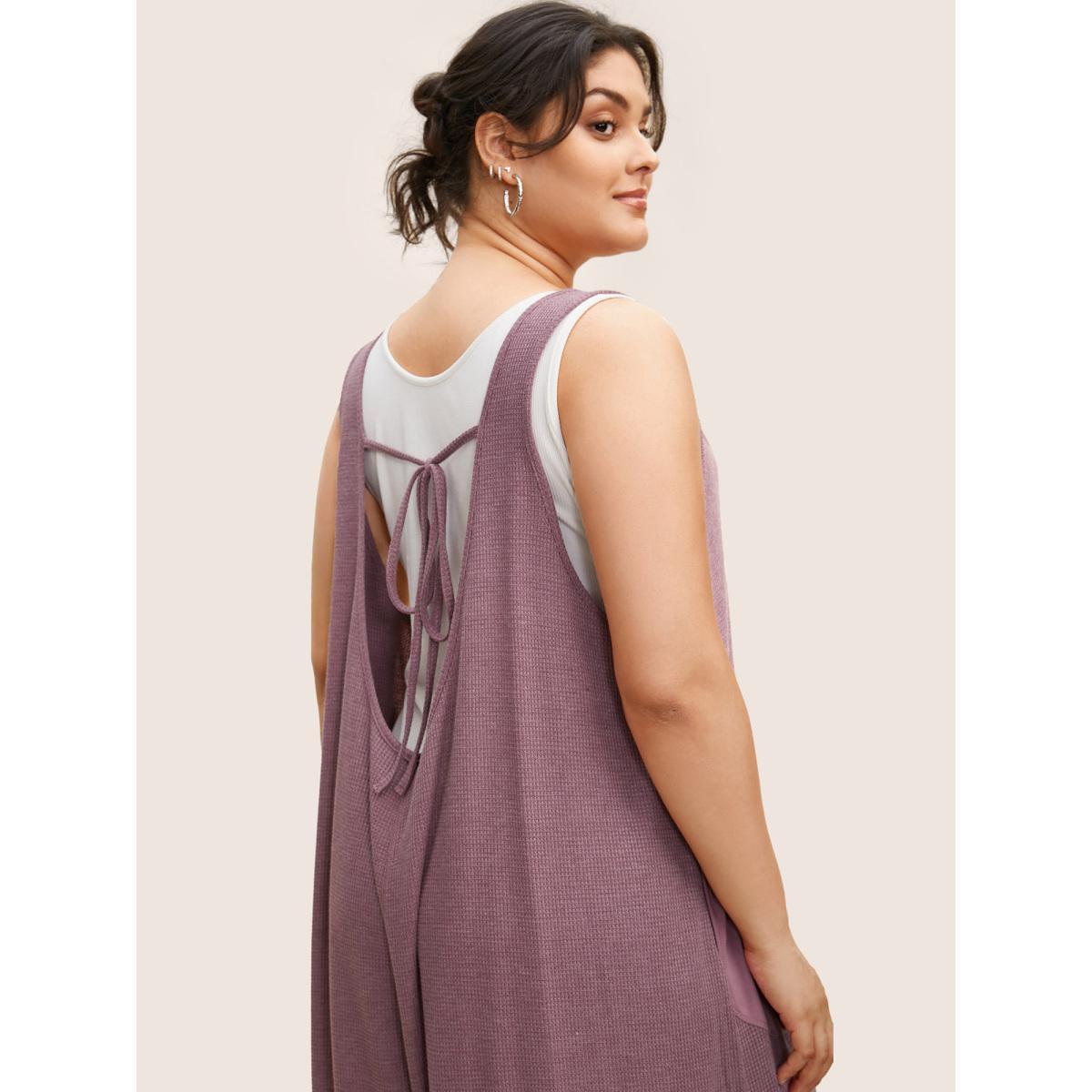 Plus Size Mauve Waffle Knit Tie Knot Wide Leg Jumpsuit Women Casual Sleeveless Heart neckline Everyday Loose Jumpsuits BloomChic 26/4X Product Image