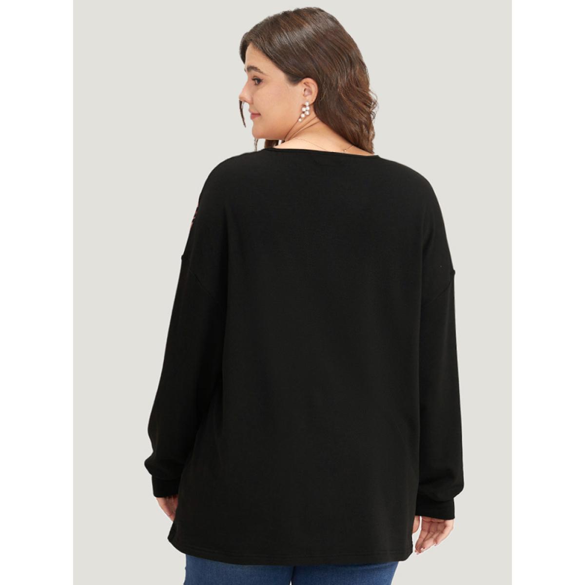 Plus Size Leopard Print Patchwork V Neck Contrast Trim Sweatshirt Women Black Casual Elastic cuffs V-neck Dailywear Sweatshirts BloomChic 30/6X Product Image