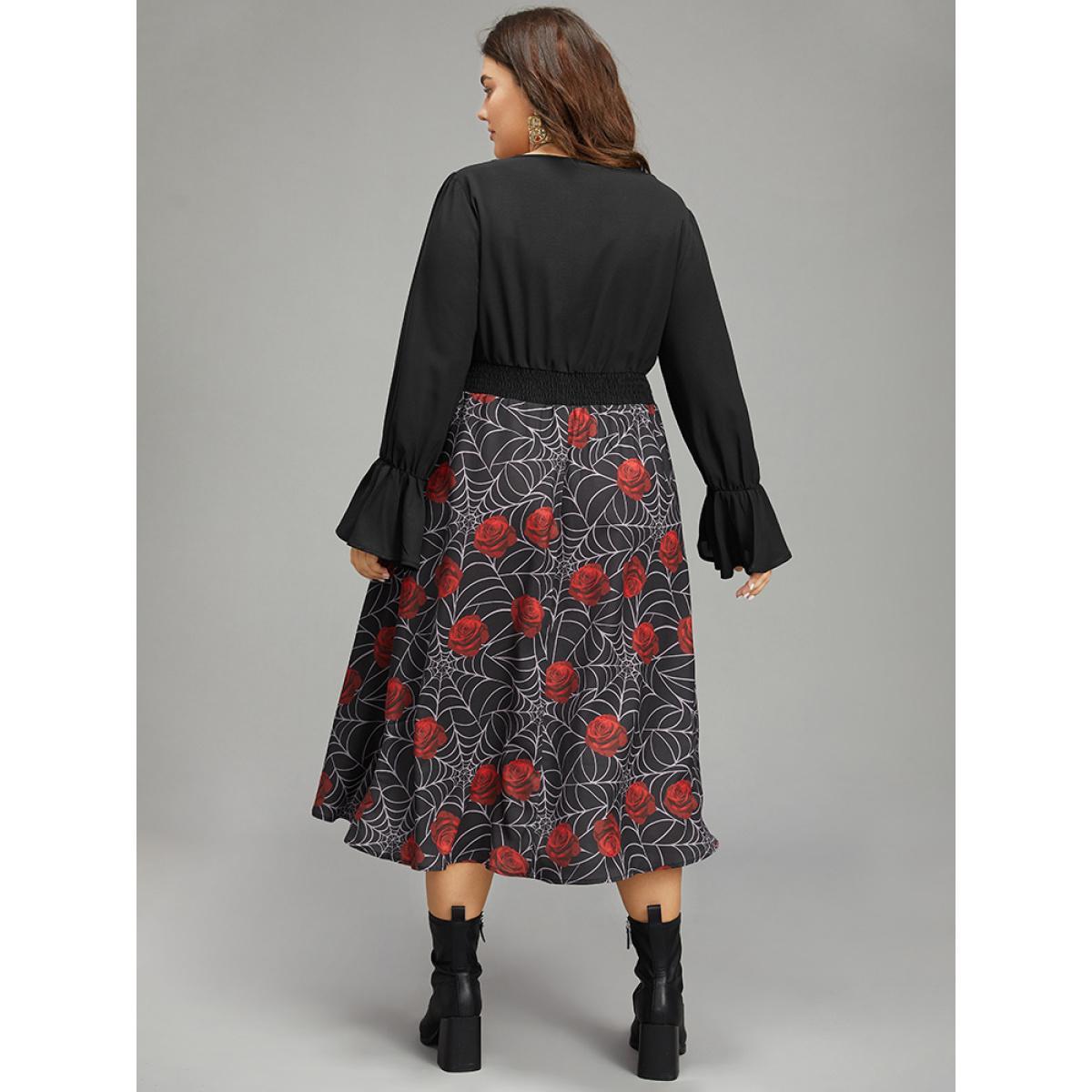 Plus Size Halloween Rose Ruffles Shirred Elastic Waist Dress Black Women Casual Printed V-neck Long Sleeve Curvy Midi Dress BloomChic 26/4X Product Image
