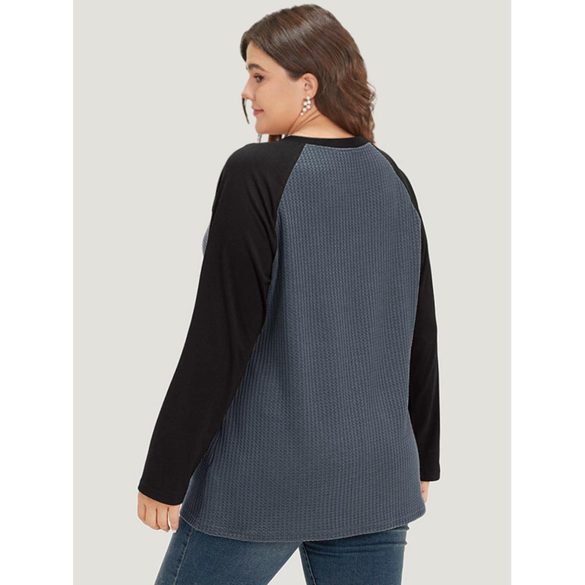 Plus Size Waffle Knit Raglan Sleeve Metal Buckle Detail T-shirt SlateGray Women Casual Contrast Plain V-neck Everyday T-shirts BloomChic 18-20/2X Product Image