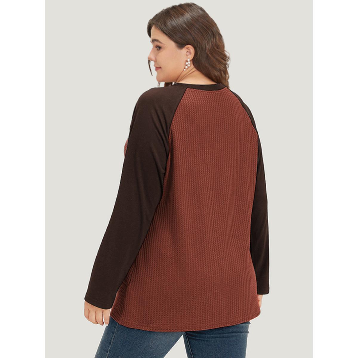 Plus Size Waffle Knit Raglan Sleeve Metal Buckle Detail T-shirt SlateGray Women Casual Contrast Plain Everyday T-shirts BloomChic 30/6X Product Image