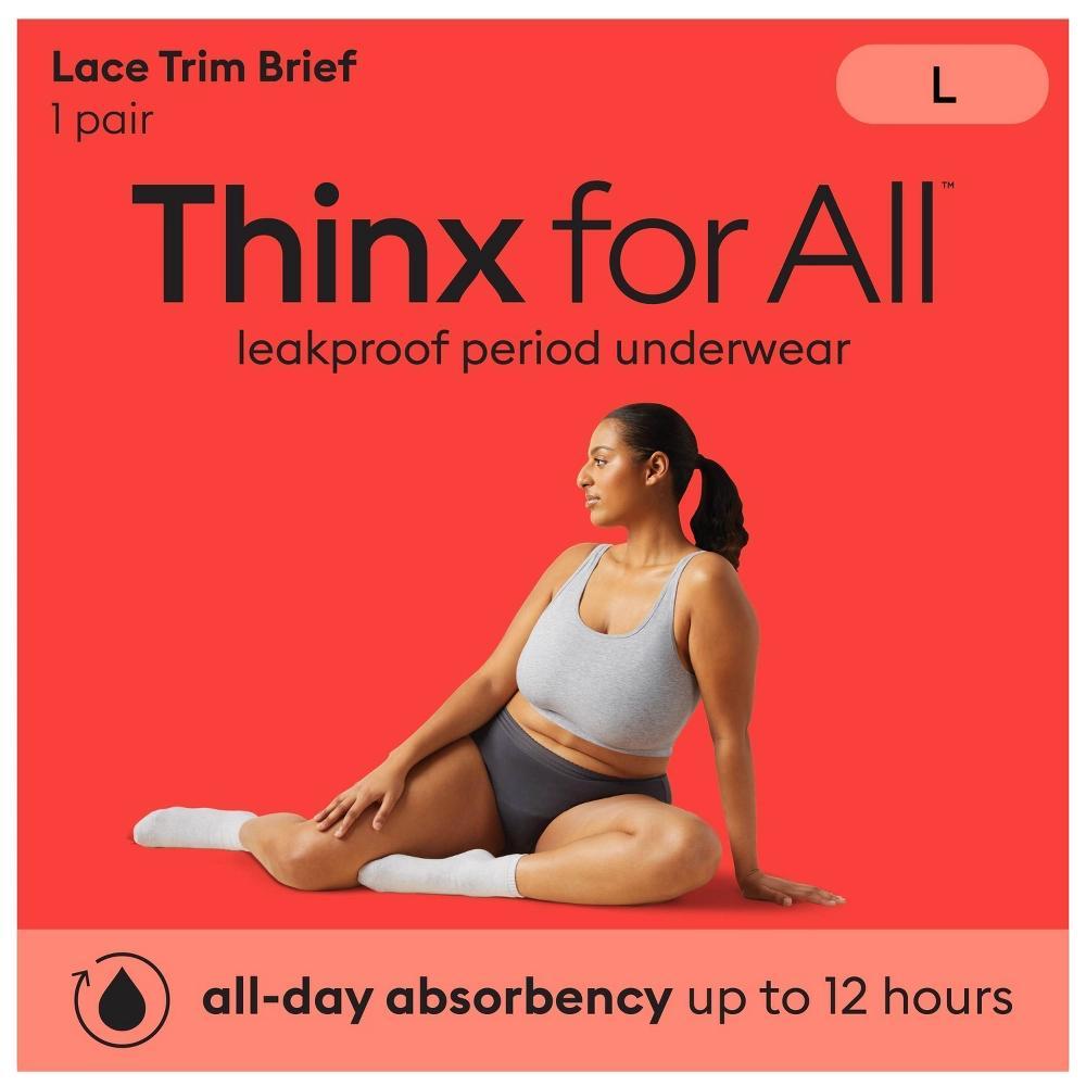 Thinx for All Women's Everyday Comfort Lace Leakproof Period Briefs - Black 1X: Mid Rise Cotton Gusset Product Image