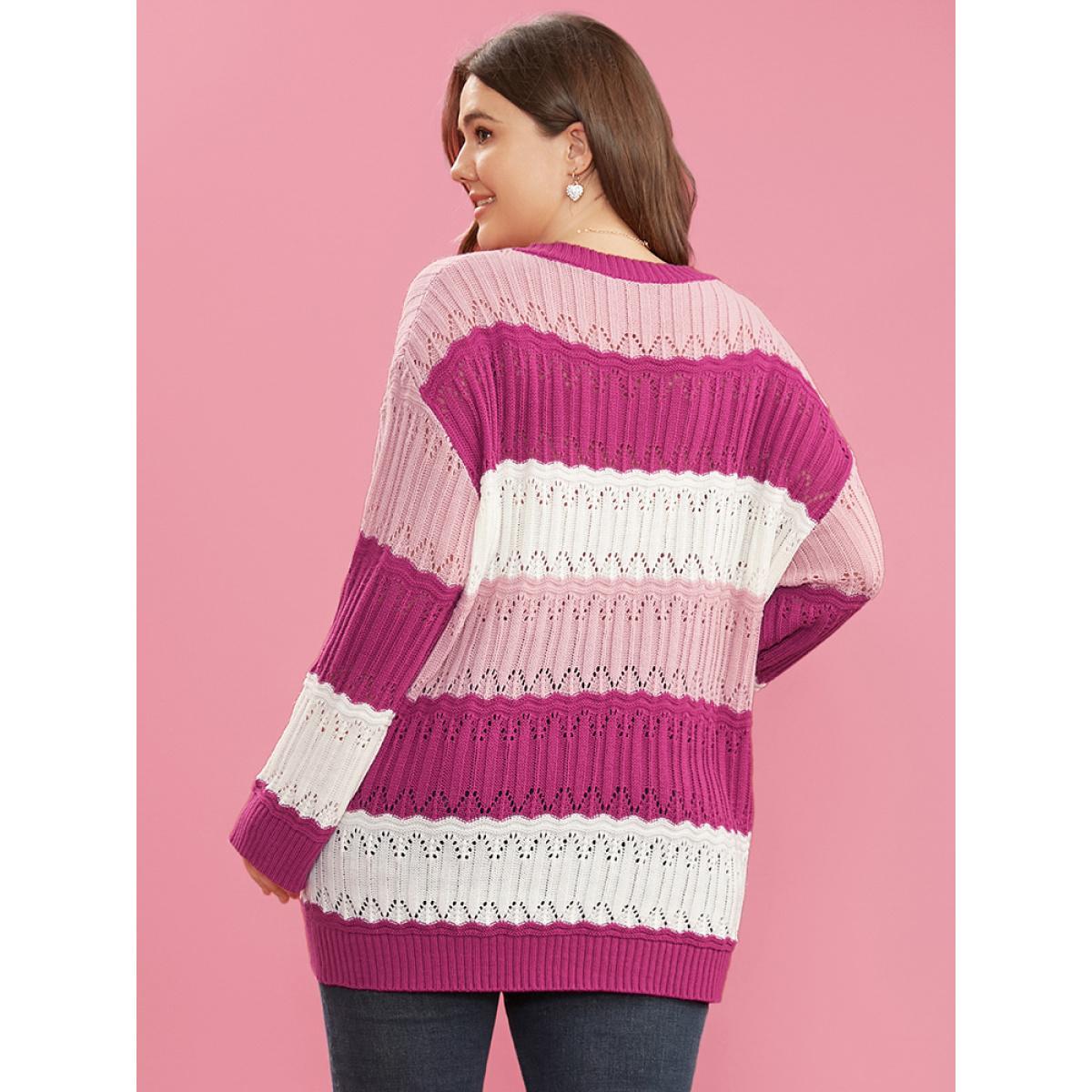 Plus Size Colorblock Contrast Pointelle Knit Cut Out V Neck Knit Top Multicolor Women Casual Loose Long Sleeve V-neck Dailywear Pullovers BloomChic 28/5X Product Image